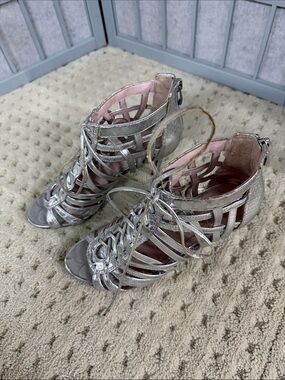 Vince Camuto Silver Lace-Up Cage Heels with Pink Lining